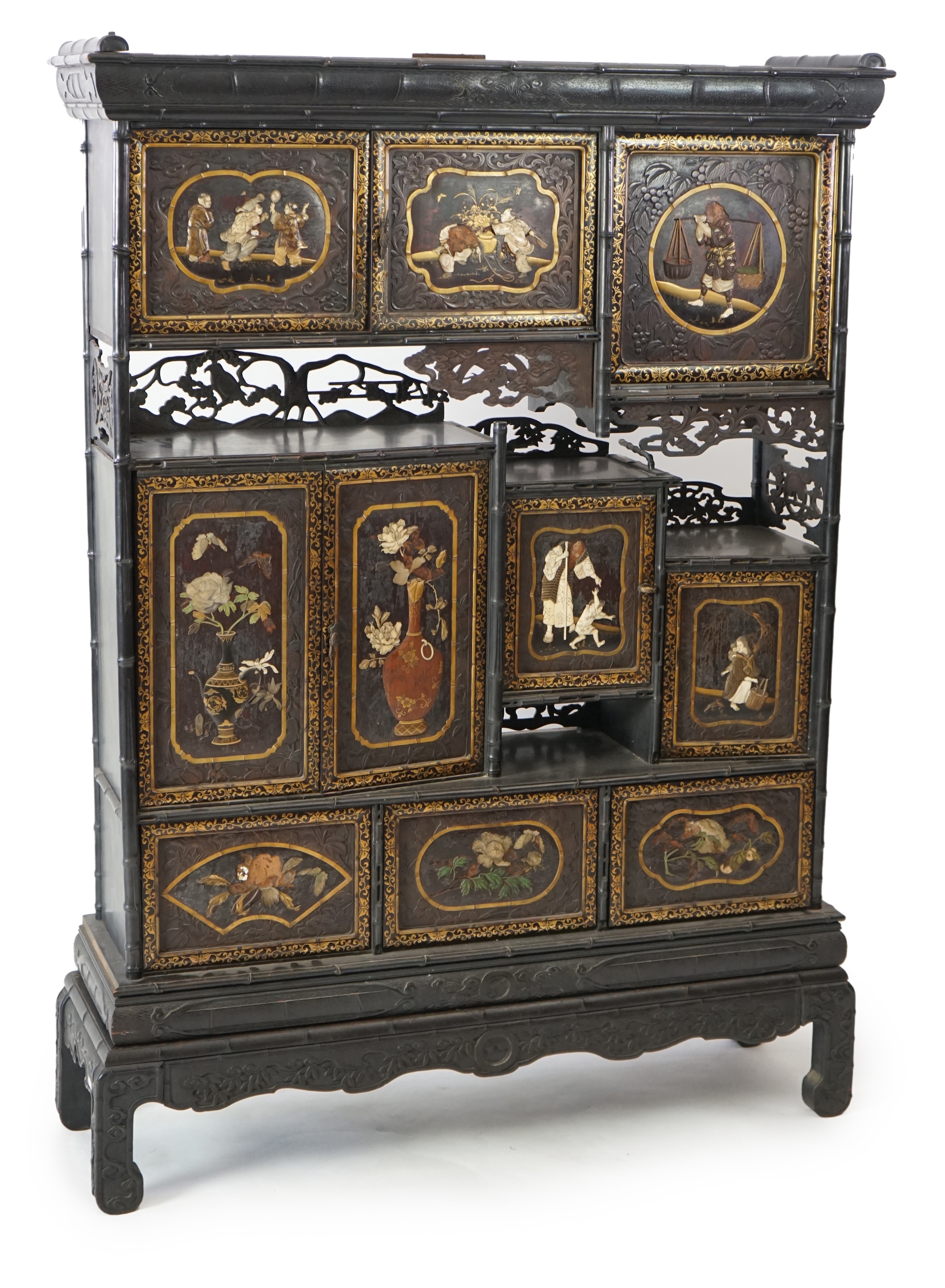 A Japanese Shibayama style inlaid wood cabinet, Meiji period